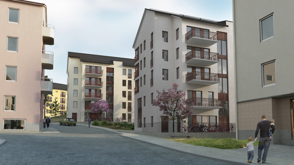 Flerbostadshus i 4 plan  med balkonger längs Konstgjutarvägen.  Illustration